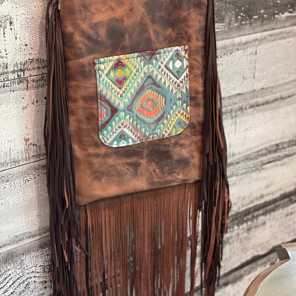 Aztec print with fringe crossbody purse with adj strap leather USA made - Picture 8 of 14